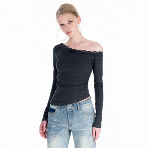 Offsoul Original Spicy Girl Lace Butterfly Knot Long Sleeve T-Shirt Womens Trendy Slim Fit Top Shoulder Baring Fashion