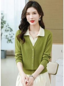 ทันสมัย เสื้อสเวตเตอร์ถัก พร้อม ปกเสื้อเชิ้ต ผู้หญิง เสื้อสวมหัวแจ๊กเก็ต ฤดูใบไม้ผลิ ฤดูใบไม้ร่วง เส้นใยเซลลูโลสที่สร้างใหม่สไตล์ใหม่