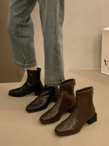 French Style Square Head Slim Martin Boots Womens Shoes 2025 New Spring Autumn Thick High Heel Ankle Elastic Short Boots