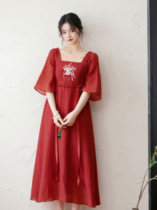 Exquisite Embroidered Midi Dress Chinese Style Red Palace Wall New Retro Zen A-Line Skirt Single Piece Spring Summer Fashion