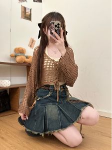 American Washed Denim Skirt Set with Lace-up Shirt and Tank Top