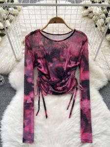 Special Offer Womens Tie Dye Mesh Drawstring Thin Long Sleeve round Neck Top Korean Style Commute Fashion Summer T-shirt