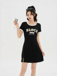 SANFU | Elegant Letter Print and Color Contrast Sleeve Waist Gathering Dress