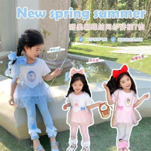 [PRINCESS KESLI] 1-9 Tahun Girls Clothing Sets Princess Tile Pita Lengan Pendek Poliester Polos setelan anak perempuan