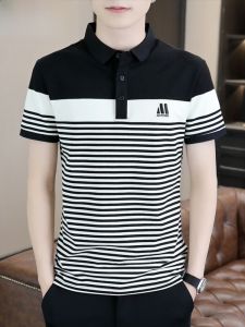 HENGYUANXIANG | Casual Stripe Polo Shirt Mens Short Sleeve Turn-down Collar Summer Trend Thin T-shirt Cool Feeling Standard Fit Cotton Polyester Blend