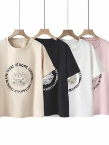 2024 New Arrival Plus Size Slim Looking Shoulder Short Sleeve Womens Stylish Letters Print Niche Style Embroider National Style Buckle T-shirt