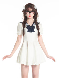 2025 New Womens One-Piece Swimsuit Skirt Style Short Sleeve Cover-Up Cute School Uniform Sweet Navy Butterfly Knot Casual Swimwear