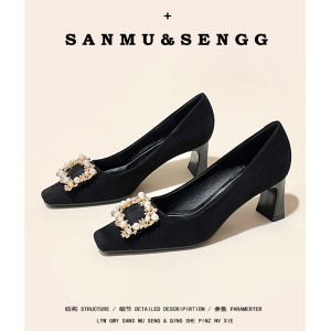 รองเท้าส้นสูงหัวเหลี่ยมสีน้ำตาลสไตล์ย้อนยุคสำหรับผู้หญิง ฤดูใบไม้ผลิ 2025 รองเท้าส้นเดี่ยวแบบสวมสบาย สไตล์ฝรั่งเศส รองเท้าทำงาน