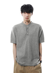 American Retro High-End Henry Collar Short Sleeve Knitted T-Shirt Men Summer Casual Style Top Quality Fashionable Loose Fit