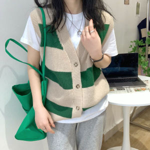 Cherry M0605เสื้อไหมพรมแขนกุด เสื้อกั๊กลายทางคอวี สไตล์เพรพพี็ งหลวมใส่สบาย สุดนัารัก แฟชั่นวัยรุ่น