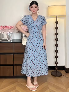 plus Size French Style V-Neck Floral Print Short Sleeve A-Line Long Dress Slimming Summer Gown for Women 25-35 Years Old