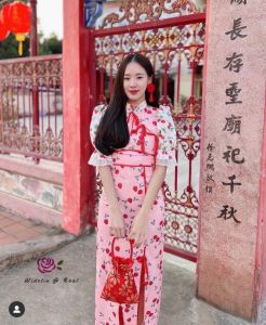 P010-167 PIMNADACLOSET - Short Puff Sleeve  Decorated Tie  Front Print Side Slit Maxi Dress