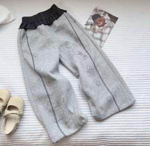 Girls Fleece Lined Sport Pants High Waist Straight Leg Casual Trousers for Autumn Winter with Bow Design Korean Style Cotton