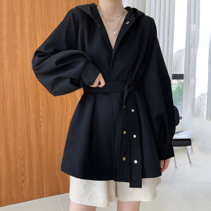 Womens Short Jacket for Fall Chic Korean Style Loose Fit Hooded High-End Outerwear Plus Size Available in Solid Color