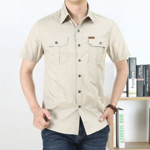 Áo Sơ Mi Nam Dài Tay Mùa Xuân Quần Áo Bảo Hộ Lao Động Ngoài Trời Mùa Thu Rộng Rãi Fit Denim Cổ Nhọn Áo Sơ Mi Nhiều Túi Không Sắt Cotton Vải Bông