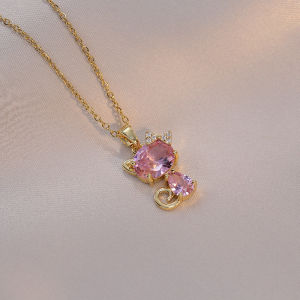 Cute Rabbit Cat Princess Necklace for Girls Titanium Steel Cross Chain Lock Clasps Alloy Inlaid Artificial Gemstones