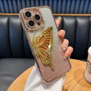 New Fashion Luxury Glitter Plating Diamond Phone Case For iPhone 16 15 14 13 12 11 Pro Max Plus with Butterfly Holder Back Cover