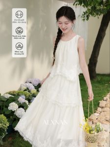 Đầm Dài Mùa Hè Màu Hạnh Nhân Nhạt Đính Ren Chất Lượng Cao