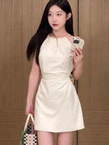 French Style Off-Shoulder Sleeveless Womens Dress Neck Hanging Design Slimming Waist Short Skirt Spring Fashion 2025 New Arrival