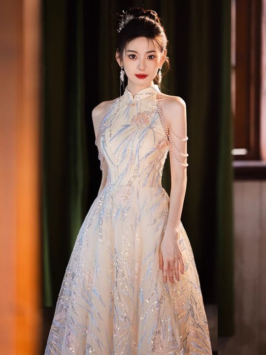 Stunning Champagne Color Wedding Dress Women's Fashion Evening Gown  Beautiful Bridal Attire Hanging Neckline Student Graduation