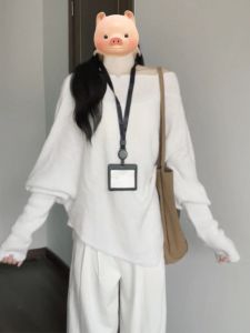 BINKAFENNY | เสื้อสเวตเตอร์คอกลมแขนยาวผู้หญิงฤดูใบไม้ร่วง/ฤดูหนาว 2025 เสื้อสเวตเตอร์ถักแบบลำลอง ทรงหลวม แขนกระดิ่ง ปกโปโล แขนกุด