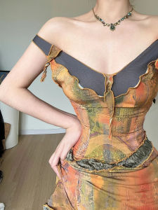 French Oil Painting Print Vintage Irregular V-neck Sleeveless Slimming Short Dress Sweet Style High Waist Long Skirt Dress