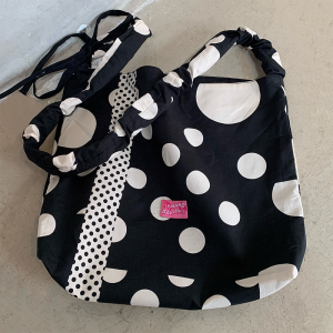 Black Polka Dot Canvas Shoulder Bag Commute Retro Crossbody Bag Original Design Casual Leisure Handbag Soft Box Shape