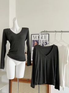 Áo Thun Tay Dài Màu Trắng POPW Dáng Ôm Vừa Vặn Chất Liệu Cotton Pha Trộn Cổ Chữ V Mùa Thu Dài Thường Áo Lót Bên Trong