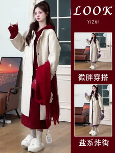 Korean Style Winter Fashion Set Polyester Fiber 100% Woolen Coat Midi Sweater Dress Popular This Year Ensemble
