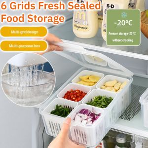Refrigerator Drainage Fresh-keeping Storage Box Plastic Large-capacity 6 Grids Fresh Sealed Food Storage