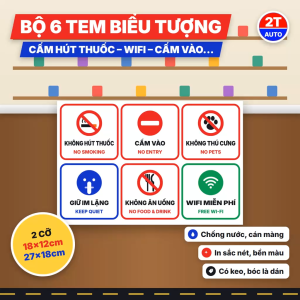 Bộ 6 Tem Biểu Tượng Không Hút Thuốc Cấm Vào Wifi Miễn Phí Giữ Im Lặng Decal Dán Kính Cửa Hàng Song Ngữ Chống Nước