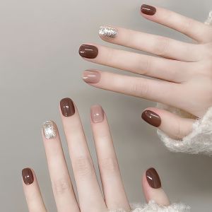 Handmade Caramel Cocoa Short Nail Tips Cat Eye Design Wearable False Nails Patch Autumn Winter New Arrival Beauty Nail Art