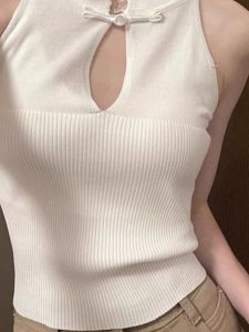 chaqi | New Chinese Style Shoulder Bared Hollow Out Stand Collar Sleeveless Knitted Top Pure Color Button Up Summer 2025 Womens Fashion
