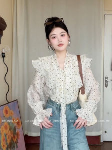 Xzy/Xin Zhengyan Slightly Oversized Girls French Socialite Elegant Ruffle Long Sleeves Shirt Womens Autumn Sweet Polka Dot Top