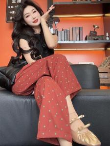 French Vintage Red Thin Casual Nine-Piece Pants Womens Summer New Loose Straight Long Trousers Trendy High Waist Straight Leg Pants