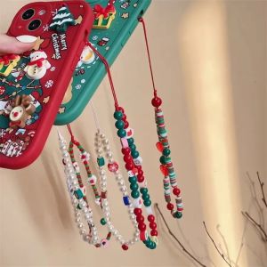 Christmas Beaded Mobile Phone Chain Xmas Tree Santa Bows Pendant Wrist Strap Anti-lost Mobile Lanyard Bracelet Decorative Festival Gifts