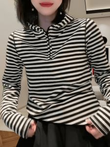 Womens Loose Long Sleeve Hoodie T-shirt Spring New Patchwork Zipper Overhead Sweatshirt Casual Bottom Shirt Striped Pattern