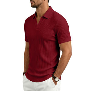 2026 Summer Mens pure color vertical stripe turn-down collar Polo shirt Men casual quick-dry breathability short sleeve T-shirt