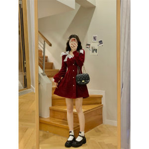 Christmas New Year Atmosphere Red Velvet Dress High Waist Butterfly Knot Hepburn Style Autumn Winter New Arrival Womens Dress