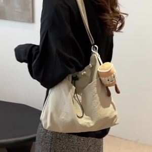 Travel Casual Nylon Tote Bag Drawstring Shoulder Bag Large Capacity Crossbody Bucket Bag with Adjustable Strap