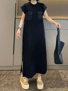Elegant Black Asymmetrical Casual Summer Dress Womens plus Size Belly Covering Slimming Straight Korean Style Dress