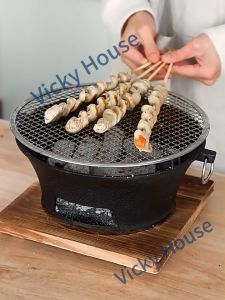 Vicky House Barbecue Charcoal Stove Cast Iron Charcoal Stove Outdoor Camping Furnace with Grill Mesh and Wood Base