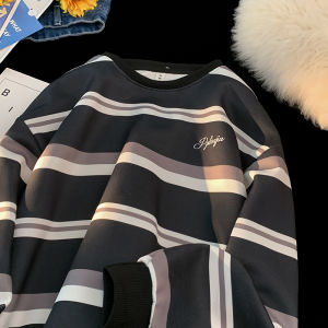Casual Stripe Color Block Long Sleeve round Neck T-Shirt for Men Spring Autumn American Style Heavyweight Trendy Outerwear