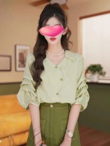 WANGGONGZHU | Retro Hong Kong Style Womens Shirt Summer Thin Short Sleeve Loose Design Sense Fashionable Casual V-neck Button-up Top