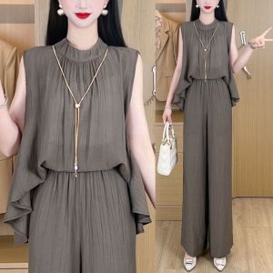 Bộ Đồ Hai Mảnh Mùa Hè 2025 Thời Trang Rộng Rãi Thiết Kế Thon Gọn Không Tay Quần Ống Rộng Cho Nữ