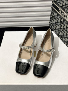 Rhinestone ฝรั่งเศส เซ็กซี่ รองเท้าส้นสูงหนา ผู้หญิง 2024 สไตล์ใหม่ เรียบหรู หัวเหลี่ยม Ladylike Mary Jane รองเท้าเดี่ยว