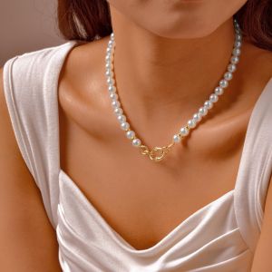 Kemstone Faux สร้อยคอลูกปัดมุกสำหรับนาฬิกาผู้หญิงสแตนเลสสร้อยโชคเกอร์โซ่หมุดโลหะรูปไข่