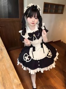 Sweet Cute Maid Uniform Cosplay Skirt Lolita Soft Girl Waist Cinched Dress with Apron Elegant One Piece Dress