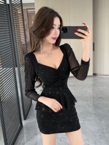 ชุดราตรีเซ็กซี่สำหรับผู้หญิง แขนยาว คลุมหน้าท้อง กระโปรงเข้ารูป เอวสูง ชุดทำงาน ชุดแฟชั่นฤดูใบไม้ผลิและฤดูใบไม้ร่วง