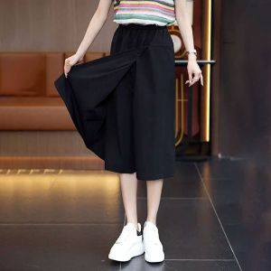New Chinese Style High Waist Casual Eighteen Pants Women Summer Breathable Cool Feeling Wide Leg Skirt Pants